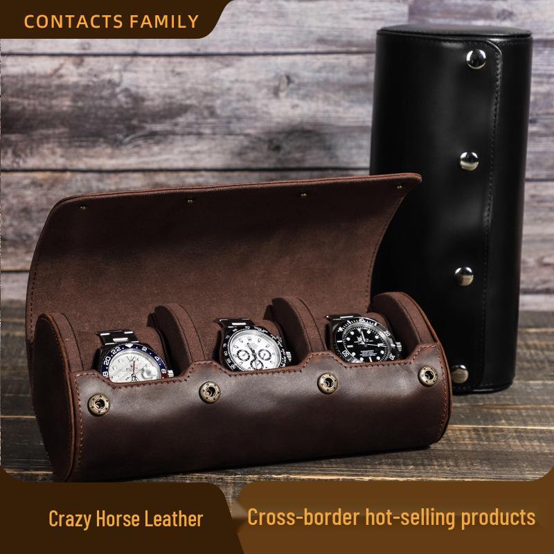 CONTACTS FAMILY Leather Anti-Fall Watch Box: Portable Three-Piece Mechanical Watch Storage Case