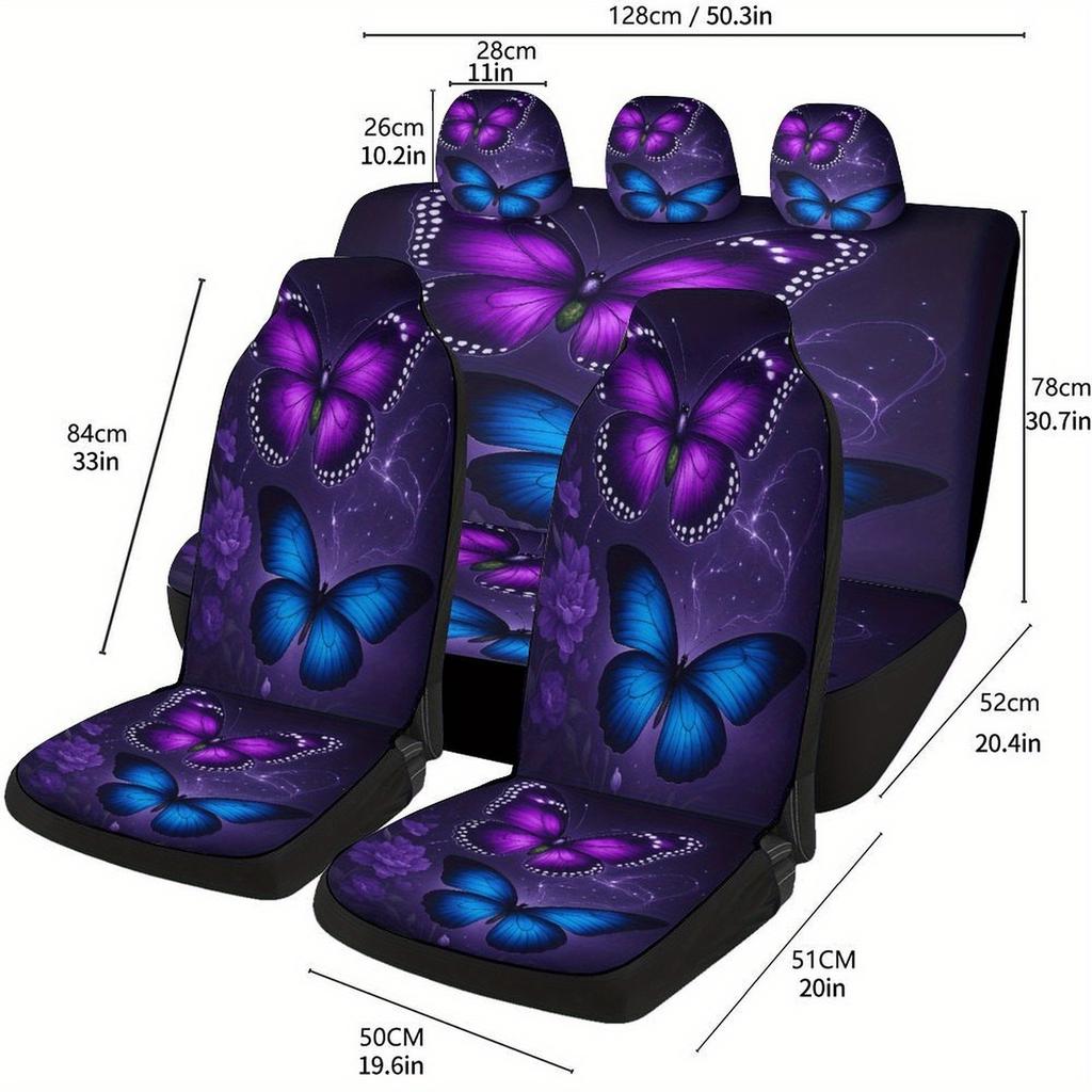 Purple Butterflies Glow Themed Car Seat Covers Set For Most Cars, Fashionable Comfortable Decorative Car Seat Protector Covers F