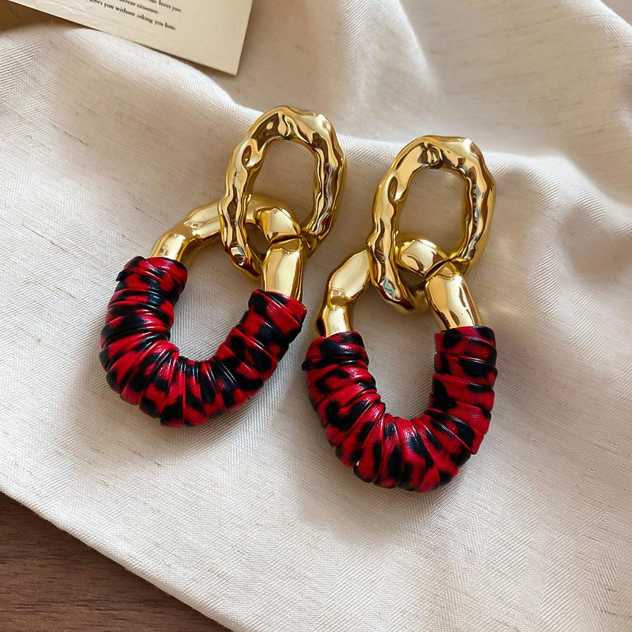 European and American retro autumn and winter geometric leather leopard print earrings light luxury stud earrings personality temperament earrings