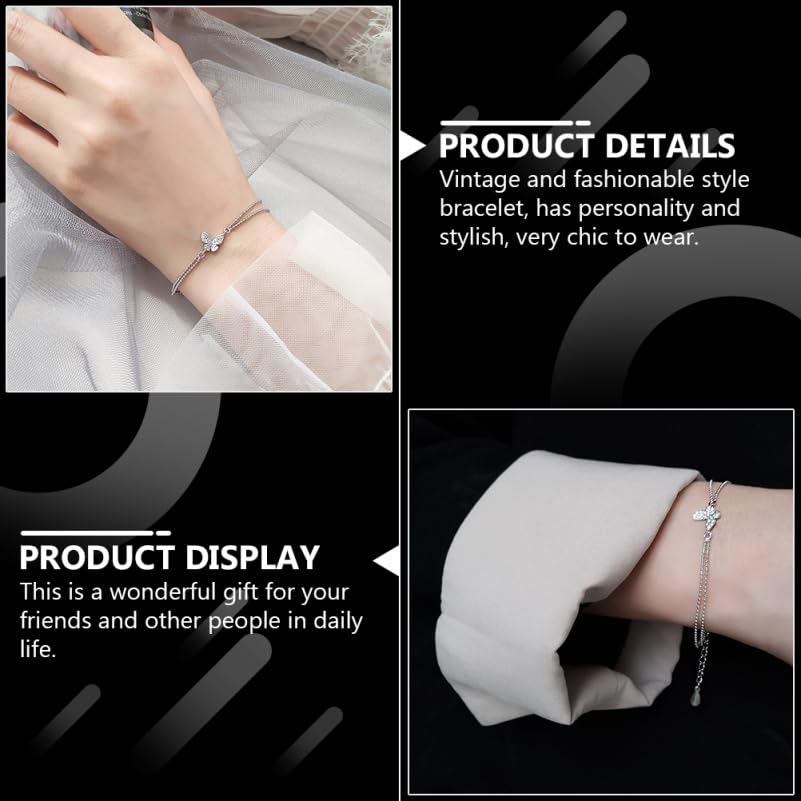 TENDYCOCO Butterfly Bracelet, Double Chain, 925 Sterling Silver, Women's, Cute, Simple, Adjustable, Stackable