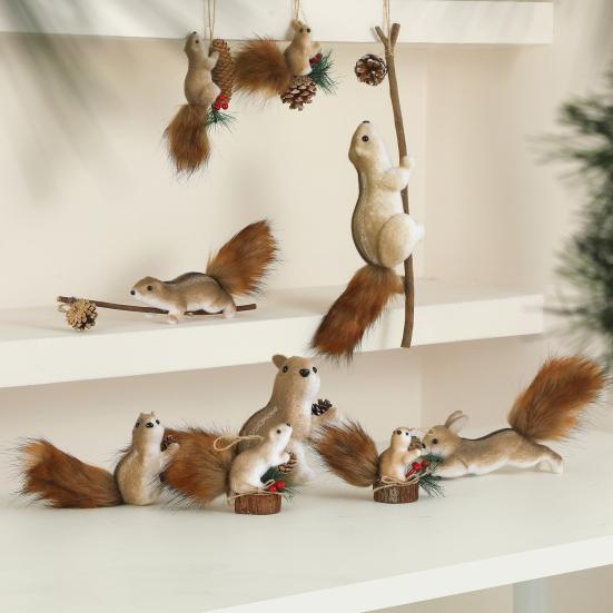 Foam Squirrel Ornament 3D Artificial Squirrel Figurine with Pine Cones Berries Cute