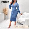 JPNTKY Fashion Summer Spring Solid Color Print V-Neck Long Sleeve  Casual Dresses