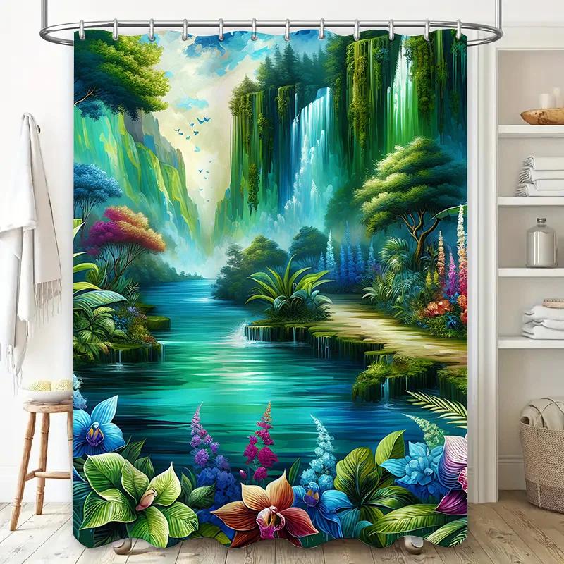 Fantasy Forest Shower Curtain Waterproof Bath Decoration Green Leaves Flowers Print 180x240cm (B36)