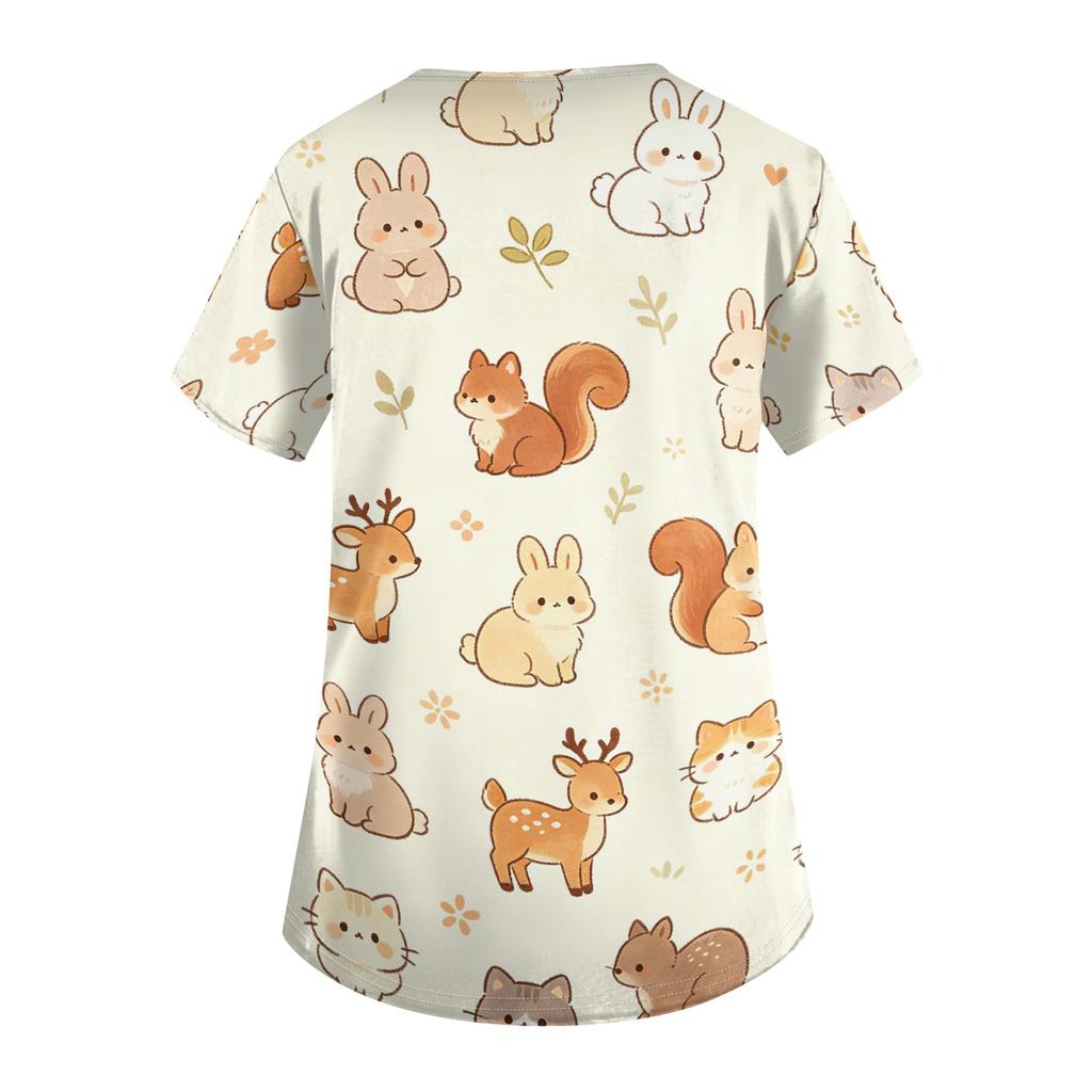 Women's V Neck Short Sleeve Work Top with Pockets Animal Print Medical Scrub Shirt for Healthcare Professionals Nursing Uniform