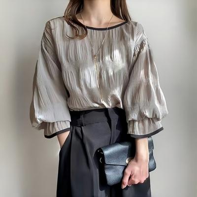 New Summer Women's Solid Color Pleated Puff Sleeve Long Sleeve Round Neck Pullover Chiffon Shirt