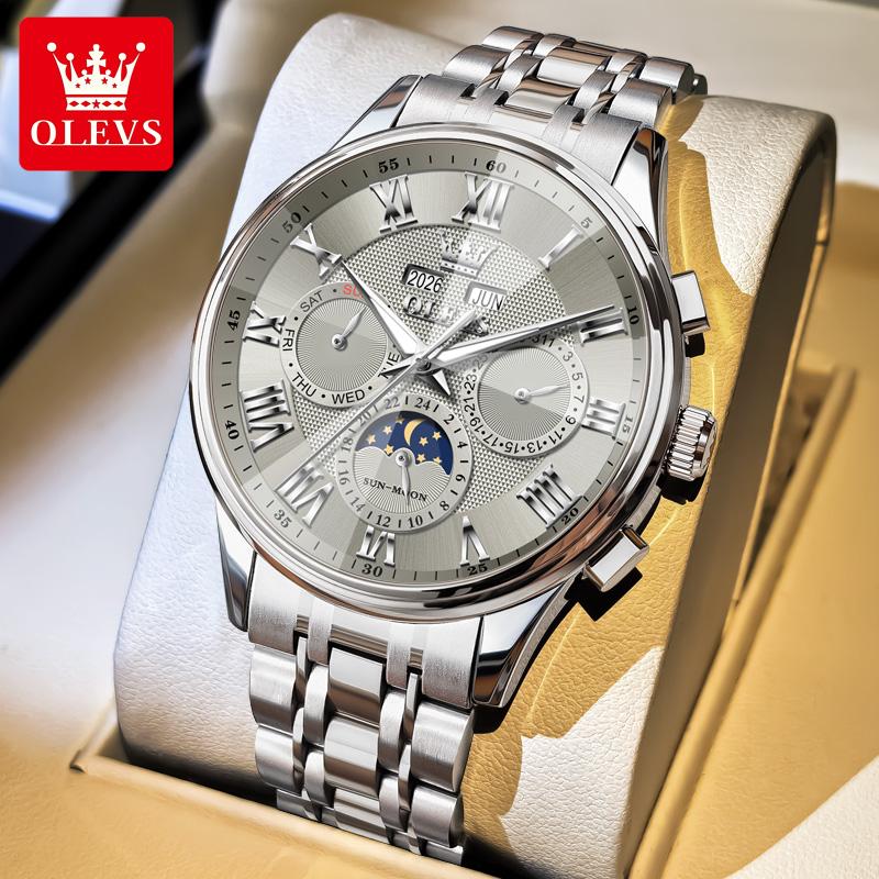 OLEVS 7113 Moon Phase Automatic Mechanical Men's Watches Fashion Rhombus Mirror Perpetual Calendar Luxury Business Man Watch New