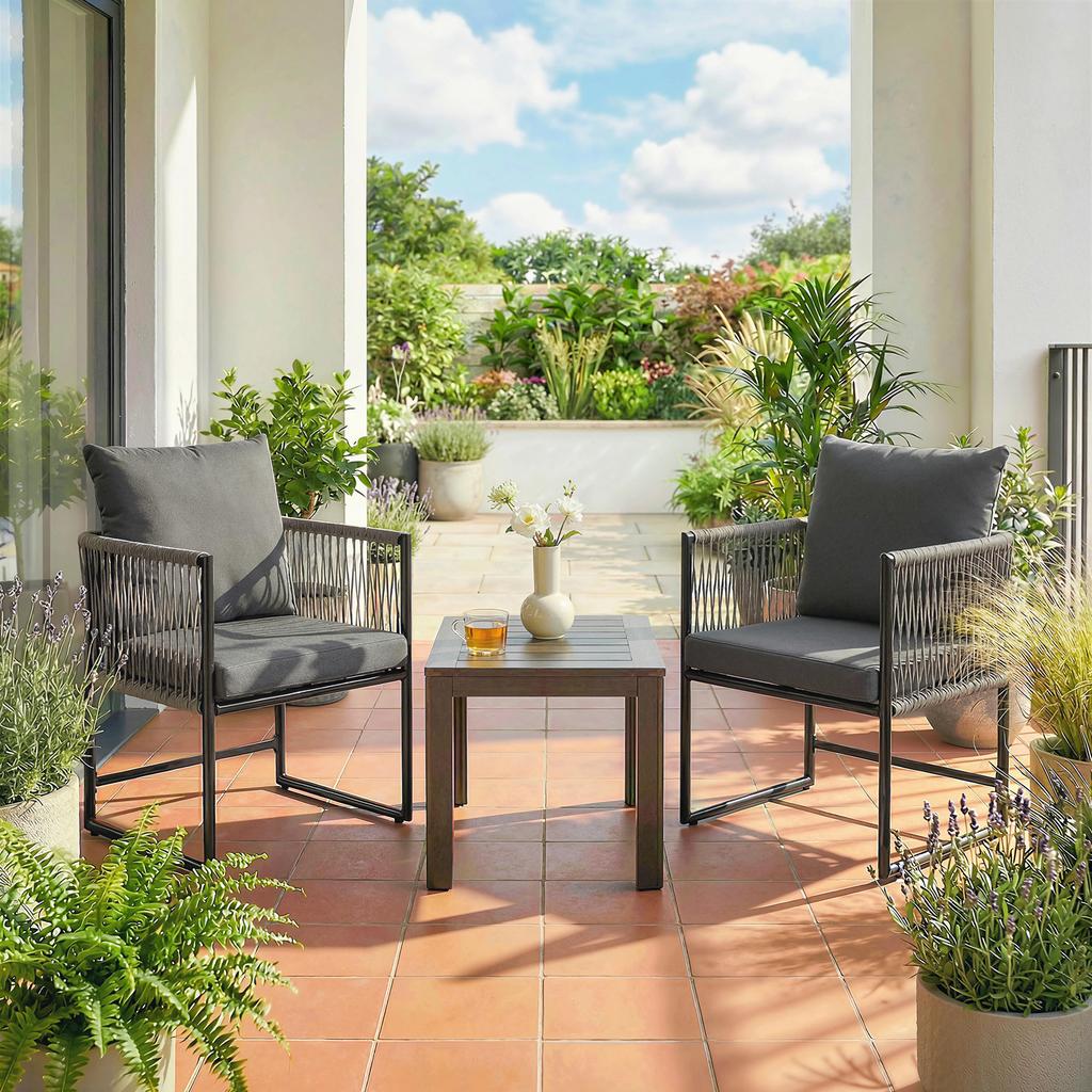 Garden Chair Set of 2 Weatherproof Garden Chairs Made of Steel PE Rattan with Cushions Armrest Backrest 52x52x66 cm Dark Grey