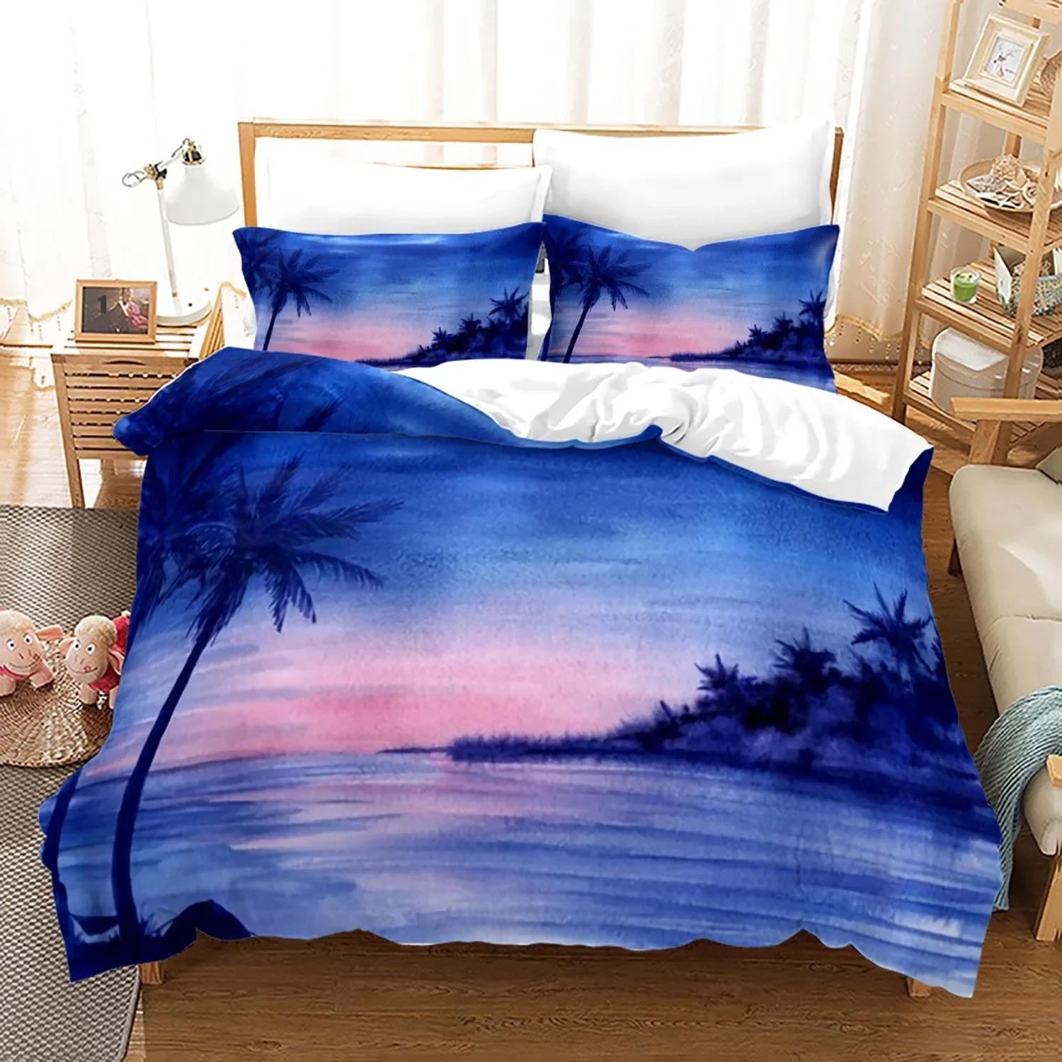 Ocean Duvet Cover Set Queen Size Tropical Island Palm Trees Sea Beach Nature Print Polyester Bedding 70x133cm 2pcs