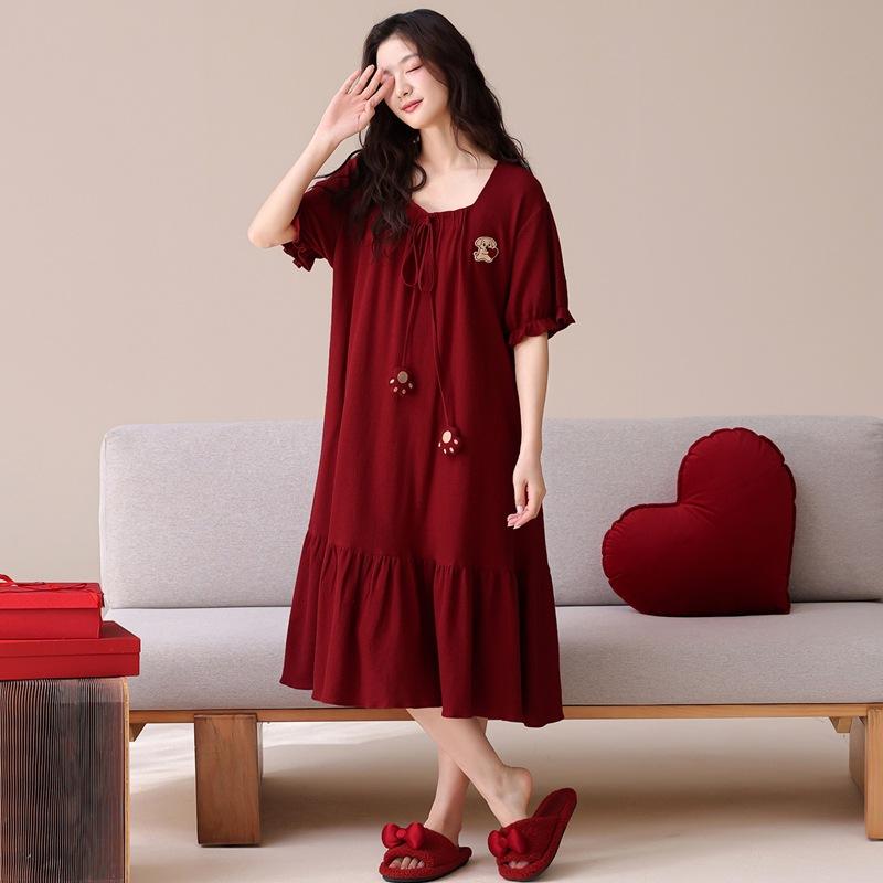 Couple Pajamas Summer Cotton Short-sleeved Nightgown Thin Wedding Wedding Burgundy Festive Natal Year Cotton Suit