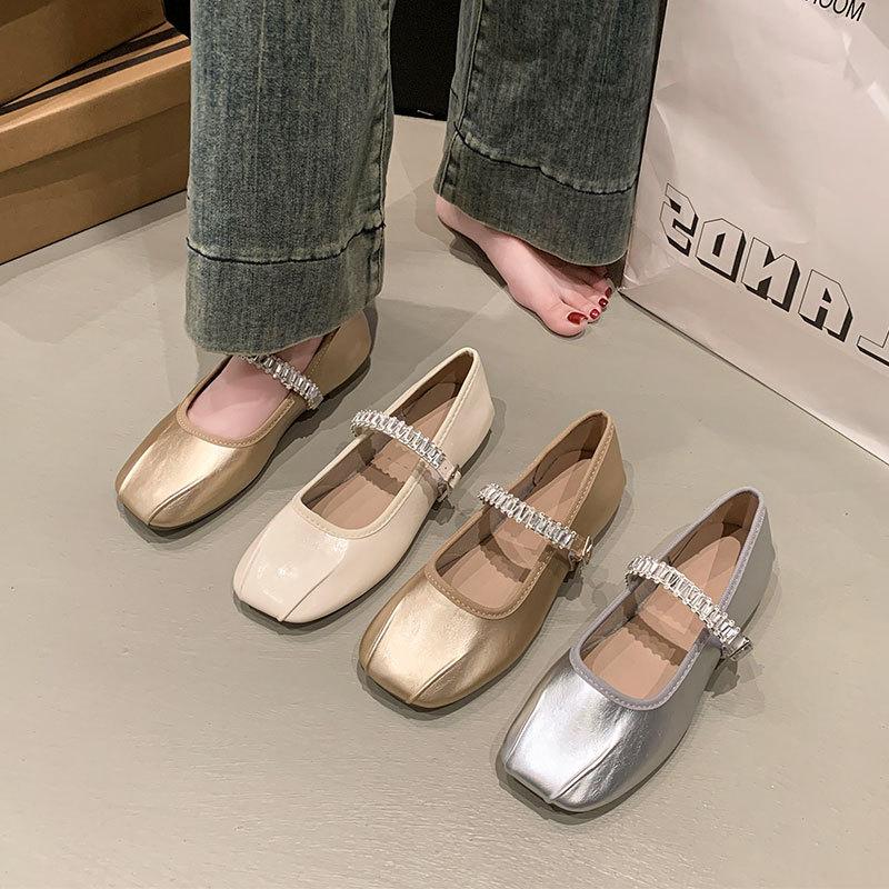 Ballet Style Flats Women's Summer New Light Mouth with Skirt Soft Sole One-button Silver Mary Jane Shoes
