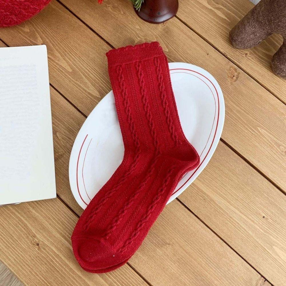 Dots New Year Women's Socks Ruffle Sweet Girls Sock Breathable Autumn Winter Red Socks Festivals