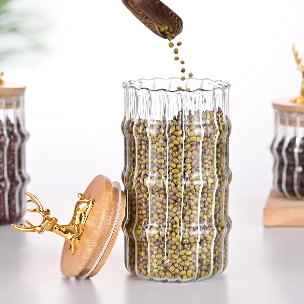 Glass Food Jar with Sealed Bamboo Lid Kitchen Pantry Grains Cookie Coffee Tea Candy Snack Storage Bottle Jars Kitchen Canister