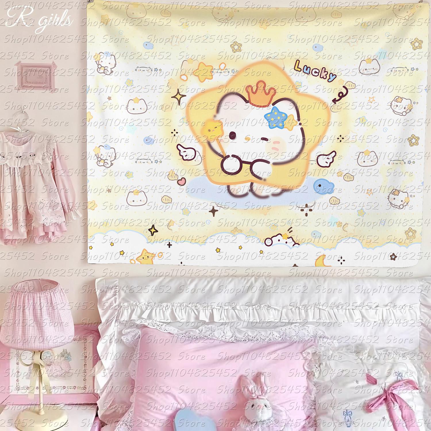

InsStyle Cute Starry Kitten Wall Hanging Adorable Cartoon Backdrop Cloth Ideal Tapestry Student Dorms Bedroom Rental Apartment 74x94cm(29x37in)