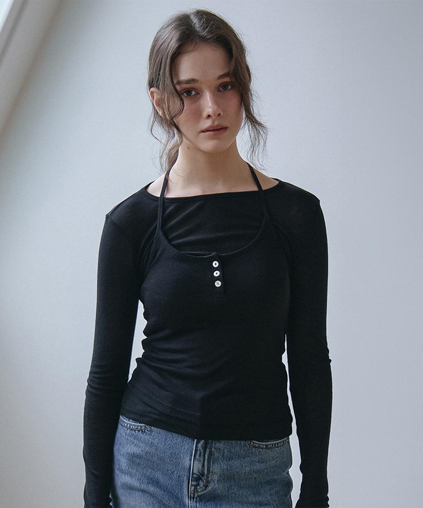 Bember Button-Detail Bustier Layered T-Shirt_Black