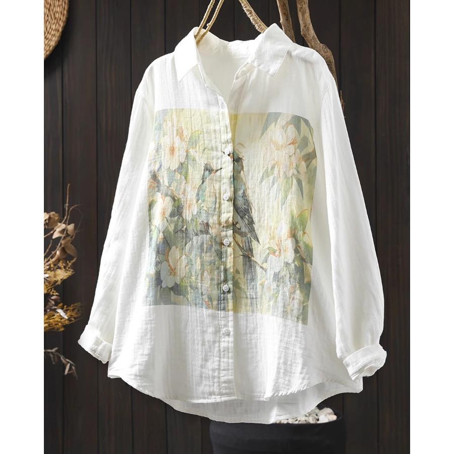 Spring Autumn White Top Double Layered Cotton Yarn Shirts Women Lapel Collar Long Sleeve Printed Blouses