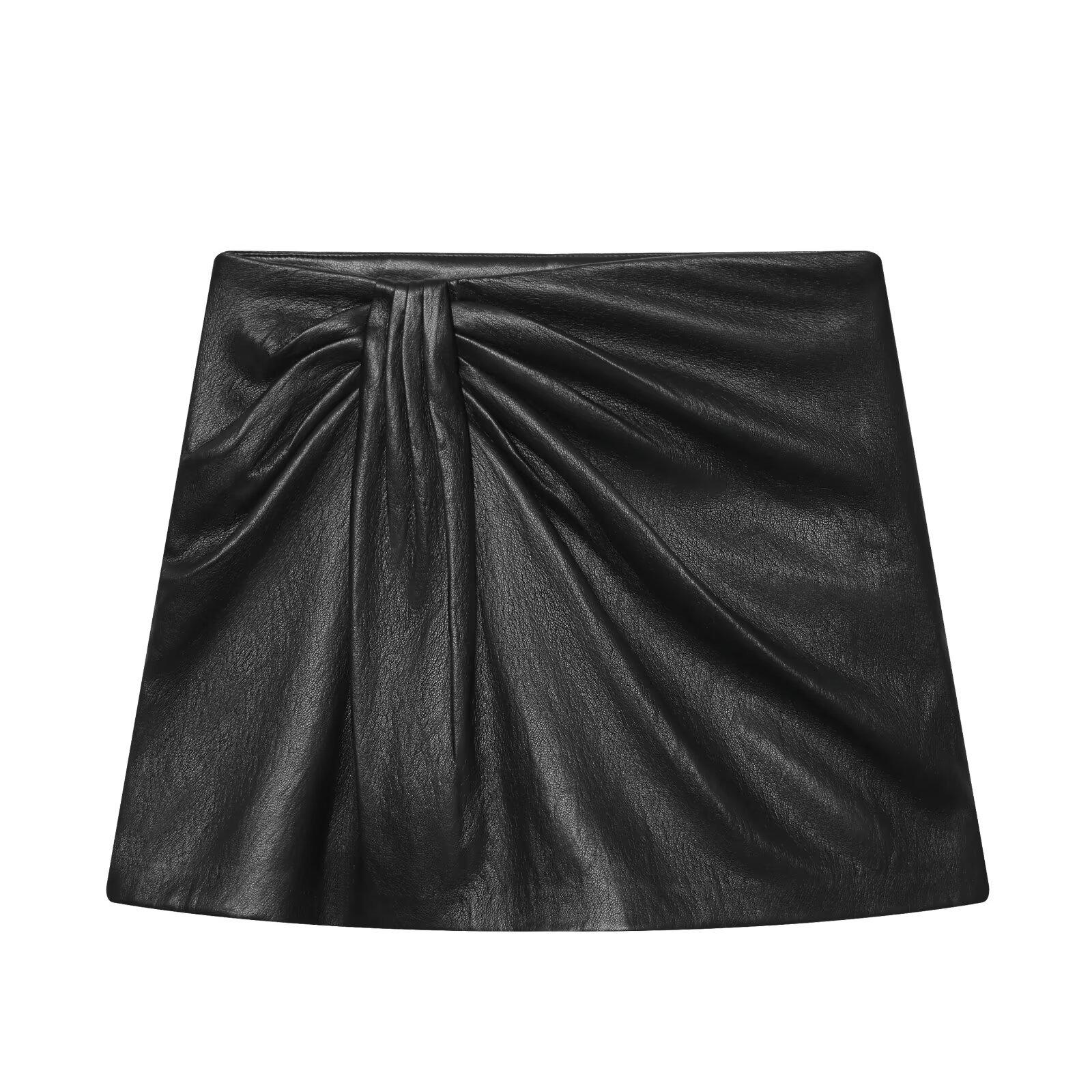 European Style Black Faux Leather Pleated Skirt Pants for Women - Autumn 2025 Collection L