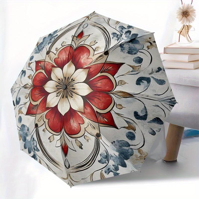 1pc Red and White Floral Mandala Umbrella with Plastic Handle,Suitable for All Seasons Home Travel Outdoor UmbrellaB1697