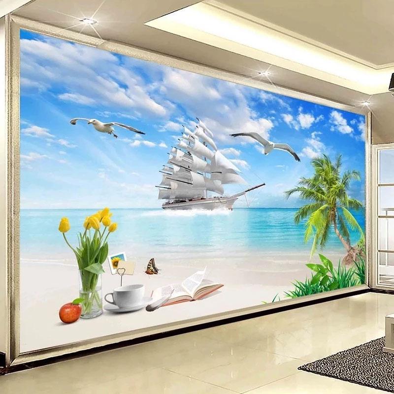 Custom Mural Wallpaper 3D Seaside Landscape Coconut Tree  Wall Mural Living Room Bedroom Hotel Wallpaper
