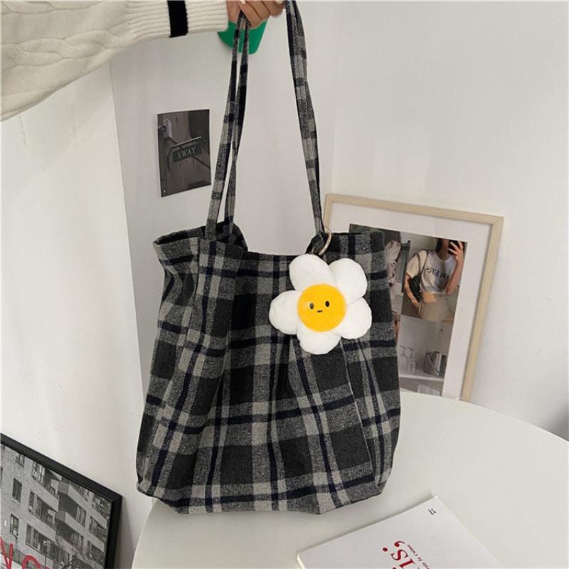 Simple plaid woolen shoulder bag, handheld cloth bag, student large-capacity shopping bag, lazy wind women's bag