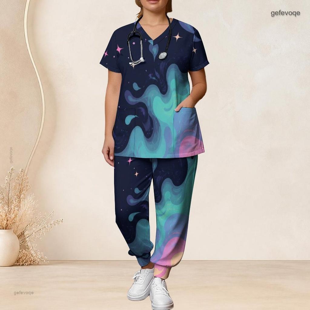 Women Plus Size Colorful Abstract Wave Star Print Scrub Set Short Sleeve V Neck Top And Wide Long Pants Medical Suit