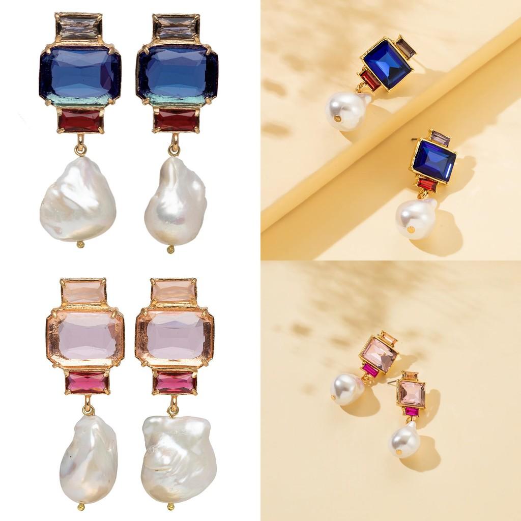 Chic European Style Square Rhinestone Stud Earrings With Designer Pearl Tassels