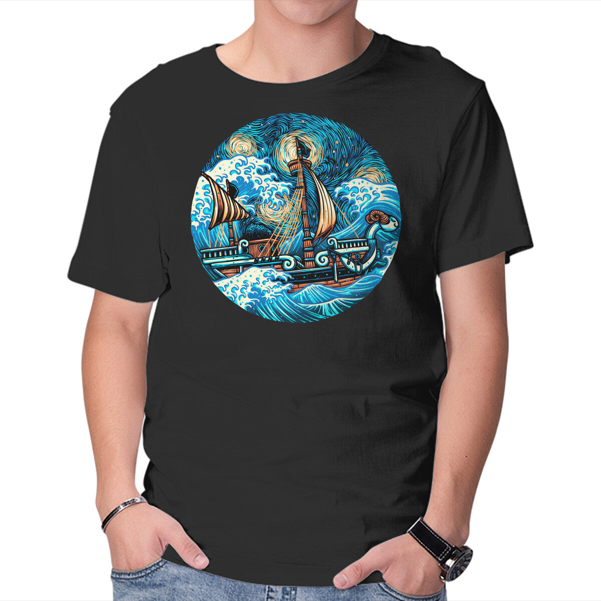 Unisex Crew Neck T-Shirt Pirate Waves Graphic Short Sleeve Casual Tee XL