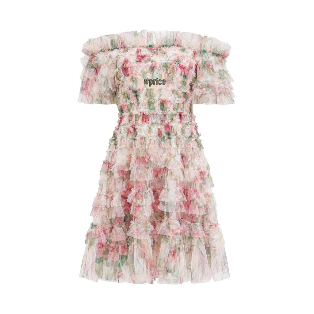 Middle Eastern Floral One-Shoulder Short Dress, Fresh and Sweet Commuter Style with Popular Embroidered Design