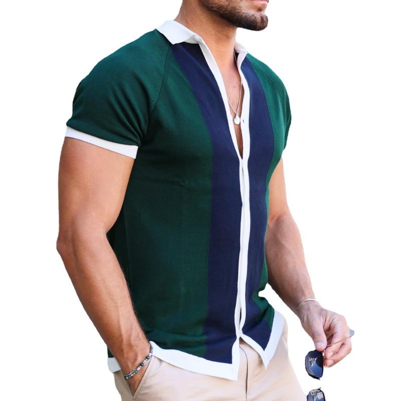 Men S Short Sleeve Striped Color Block Casual Polo Shirt Bk0005