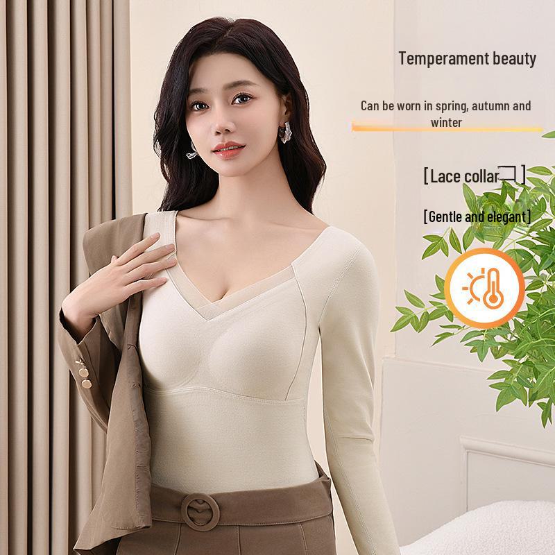 Women's Double-Sided Velvet Self-Heating Top with Fixed Cups, Thickened Waist, Long Sleeves - Warm Autumn Shirt.