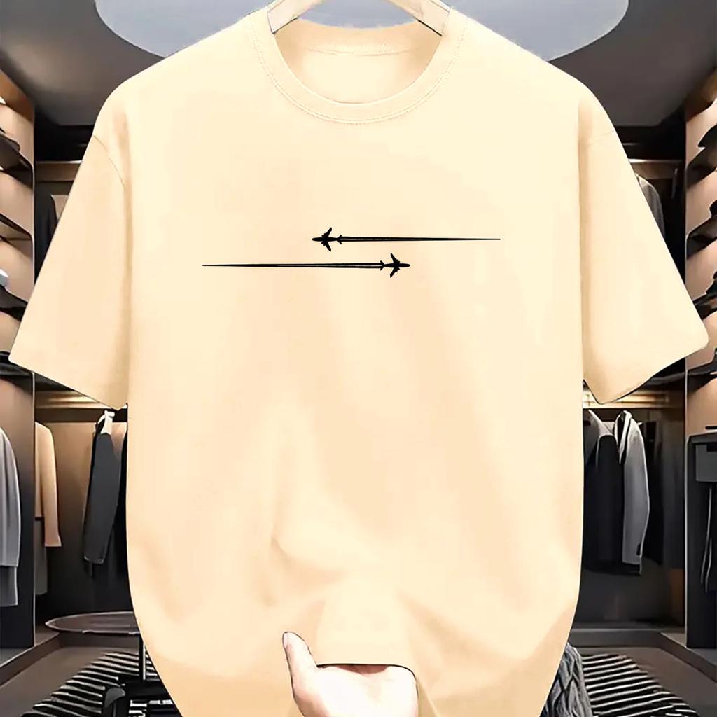 Summer Men's 100% Cotton Casual Loose Large Creative Airplane Pattern Printed Comfortable Sports Round Neck Short Sleeve T-shirt