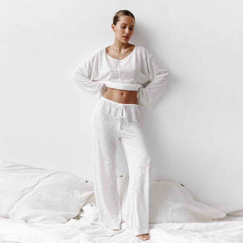 Summer new white round neck long-sleeved trousers women's loungewear simple casual breathable women's loungewear