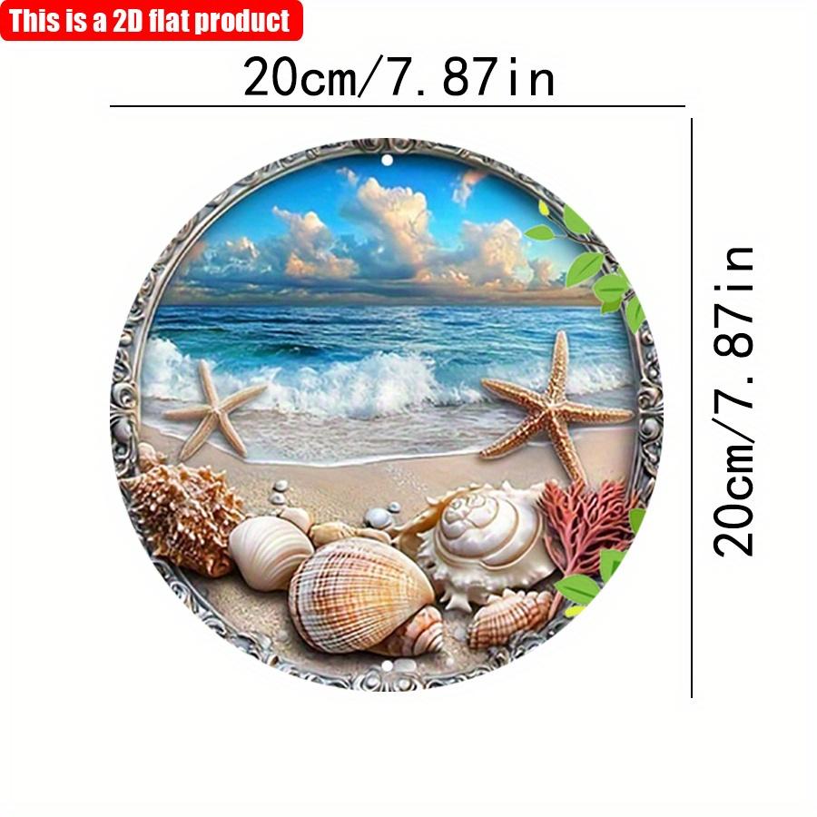 

2D плоский 20*20 см 1 шт прибрежная атмосфера пляж ракушки и узоры морских звезд круглый настенный декор, волны и пейзаж голубого неба деревянный кулон, современный деревенский 20*20cm