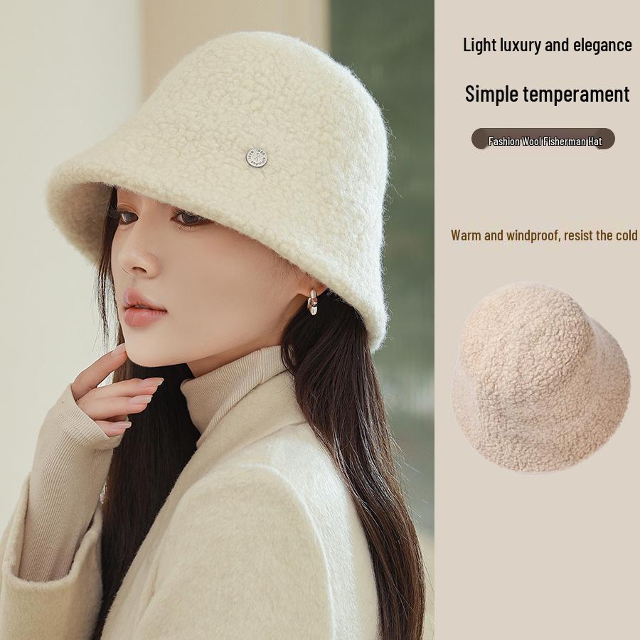 Körniger Woll-Damen-Bucket-Hat - Gesichtsschlankmachend, Breite Krempe, Warm für Herbst/Winter