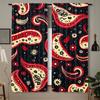 2pcs Vintage Paisley Pattern Curtains Rod Pocket Mount Polyester Material Red & Golden Floral Design On Black Background Sem