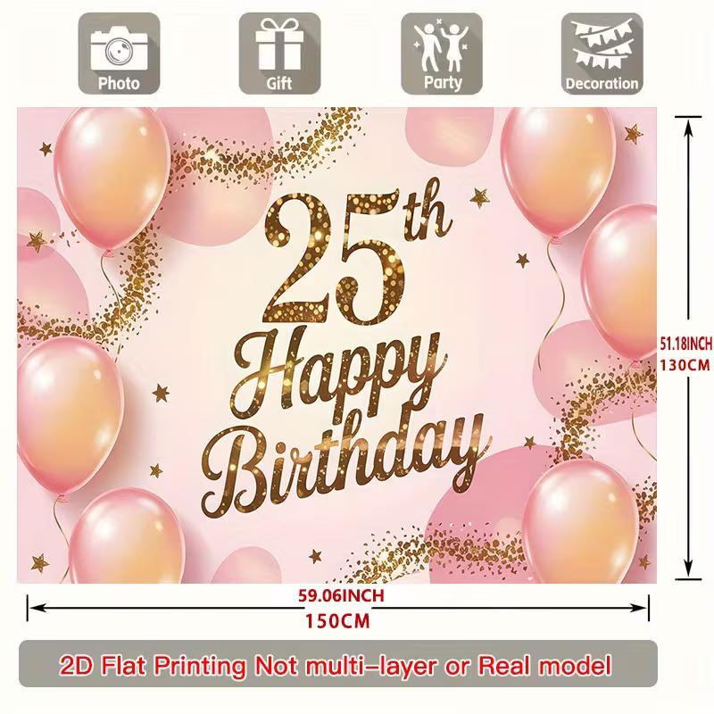 2D Soft Pink 25th Birthday Backdrop with Gold Confetti Photo Booth Banner