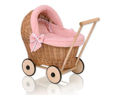 Wicker Doll Stroller With A Pusher And A Dusty Pink Bedding And A Soft Lining - Natural