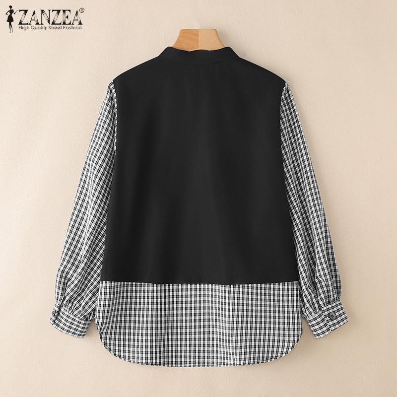 ZANZEA Damen Freizeit Rundhals Karomuster Patchwork Langarm Bluse