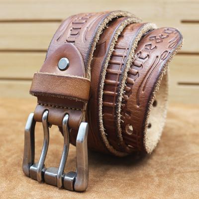 Bold And Thickened Double Pin Buckle Belt, Men'S Genuine Leather Pure Cowhide First Layer Embossed Belt, Retro Casual Jeans Belt