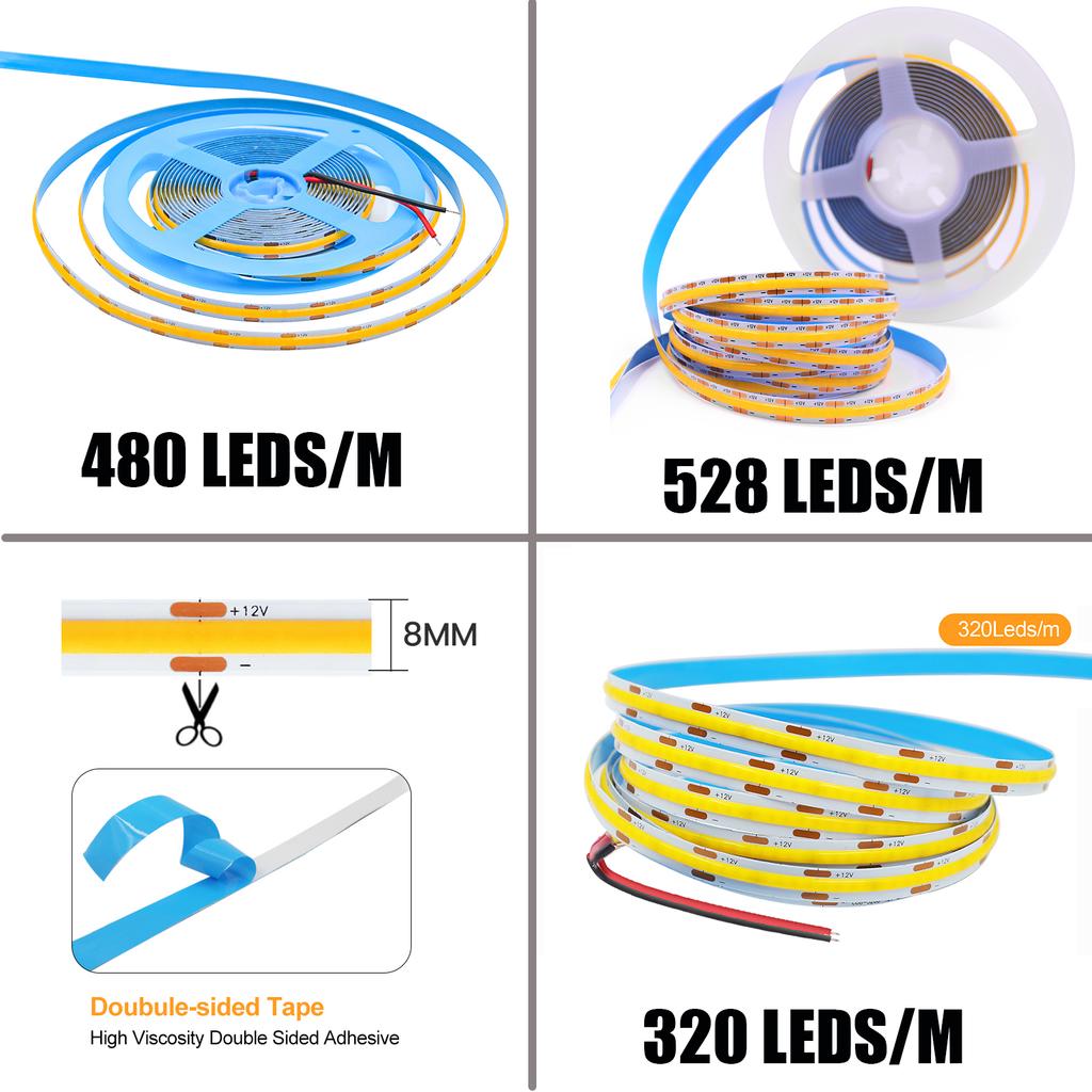 DC 12V 24V COB LED Strip IP20 3000K 4000K 6000K Flexible LED Tape 320/480/528 LEDs/M Home Decor Lighting 0.5M-5M