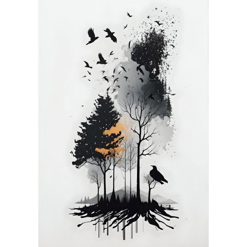 Minimalistisches Schwarz-Weiß Berg Baum Krähe Landschaft Poster Druck Leinwand Gemälde Abstrakt Wandkunst Wohnzimmer Heimdekor