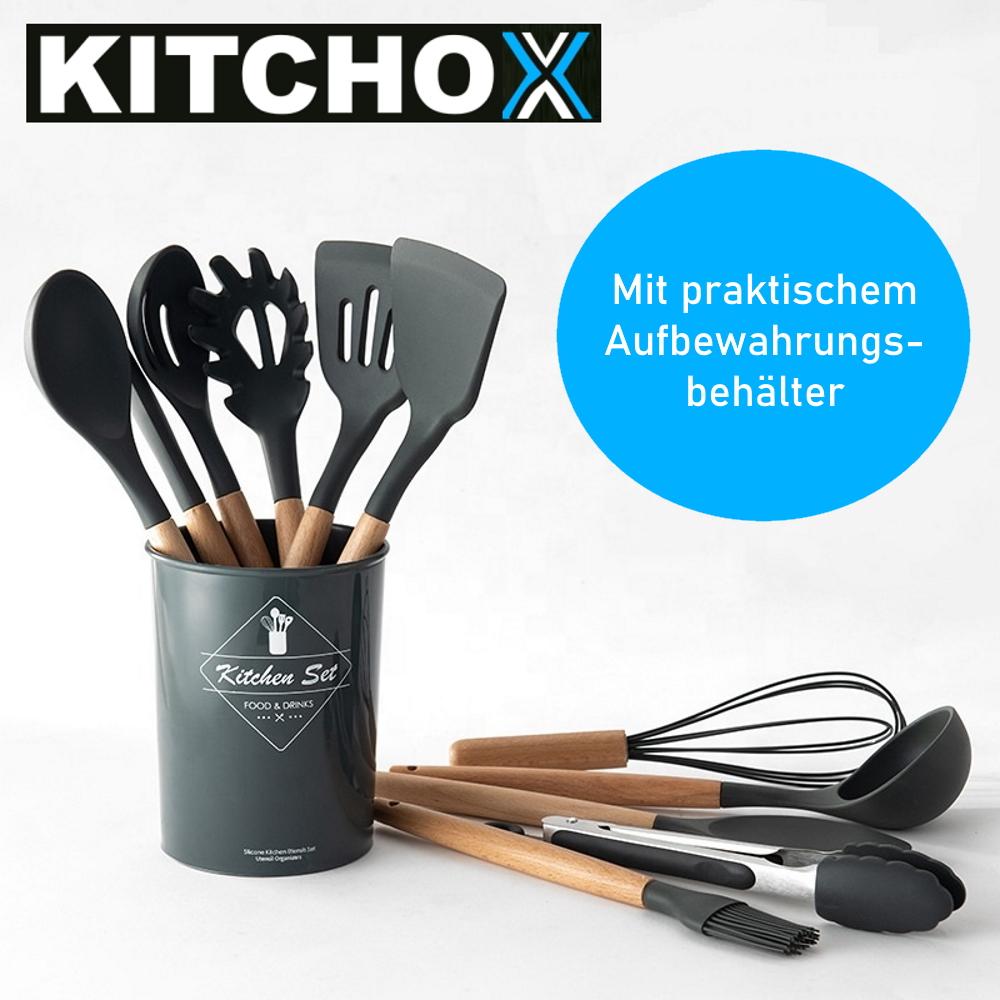 KITCHOX Kitchen Utensils Set Wooden Silicone Cooking Cutlery Spoon Helper [12 Pieces]