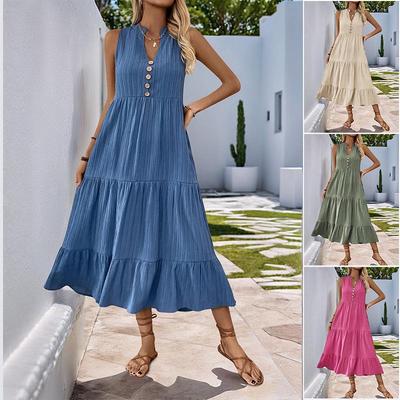 2025 Summer European and American Pleated Solid Color Mid-Length Stand Collar Sleeveless Dress