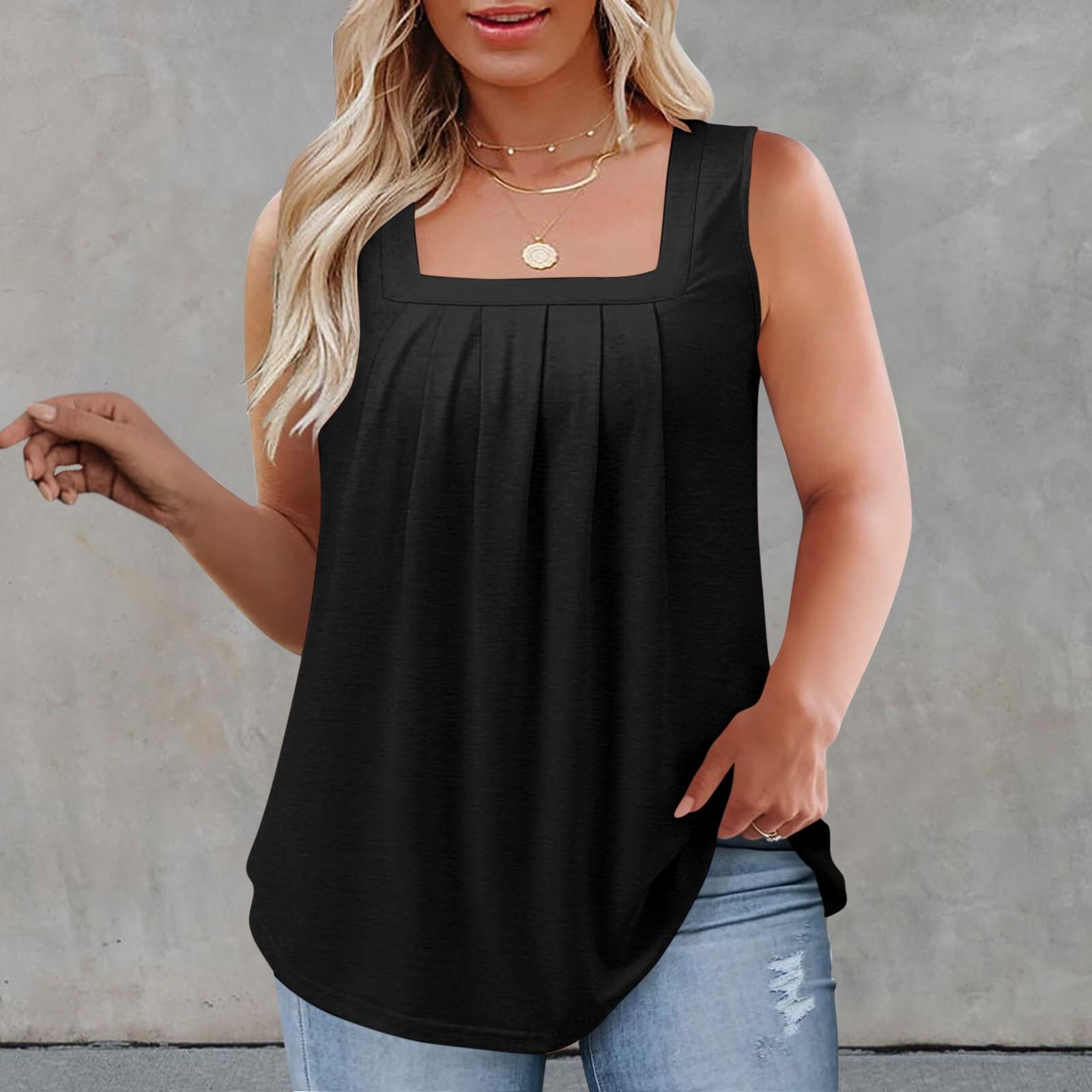 

Women s Solid Color Top Square-neck Pleated Sleeveless Vest XXXXXL чорний