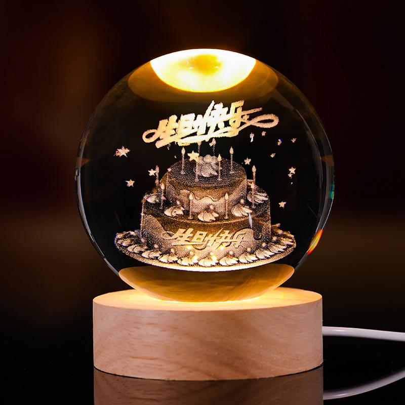 3D Starry Sky Crystal Ball Night Light with Solid Wood Base - Luminous Desktop Ornament & Birthday Gift