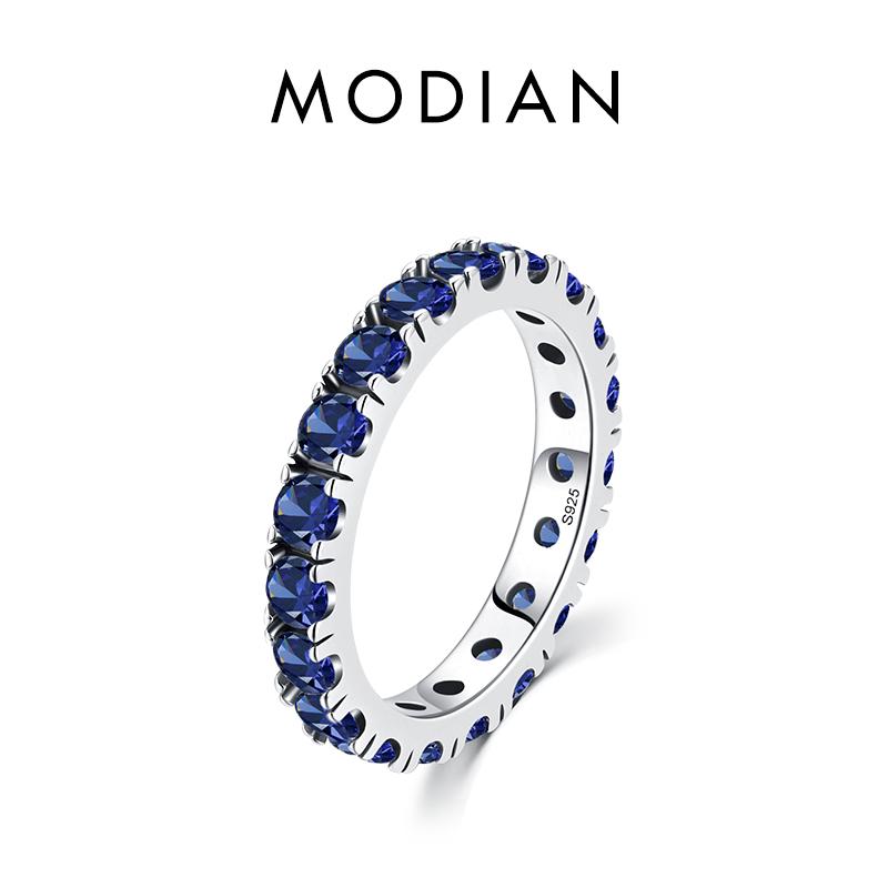 MODIAN Luxury Sparkling Blue Cubic Zirconia Ring 925 Sterling Silver Classic Stackable Finger Rings For Women Statement Jewelry