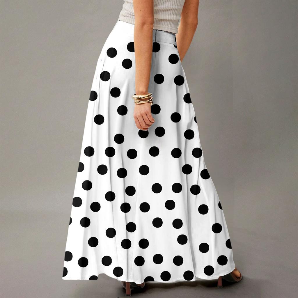 Damska Casualowa Składana Spódnica Maxi z Wysokim Stanem w Kropki z Kieszenią, Draperowana, Luźna