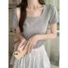Summer new bm floral short-sleeved T-shirt women's generous collar hem curved slim fit small versatile top