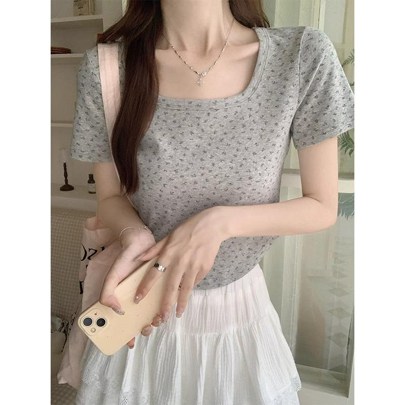 Summer new bm floral short-sleeved T-shirt women's generous collar hem curved slim fit small versatile top