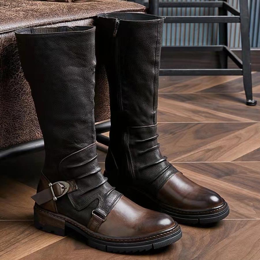 Square Heel High Top Men's Boots Large Size Winter Brown Sewing Line Solid Color Captain Jack Round Top Martin Boots