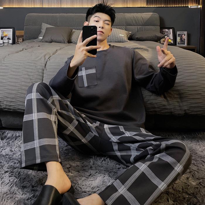 Set de pijamale bărbătesc cu mânecă lungă din bumbac - Primăvară/Toamnă, Mărime mare, Costum casual